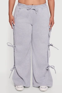 Womens Plus High Waisted Fleece Sweatpants with Side Ties, Grey,
