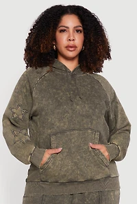 Plus Star Patch Graphic Acid Wash Hooded Sweatshirt