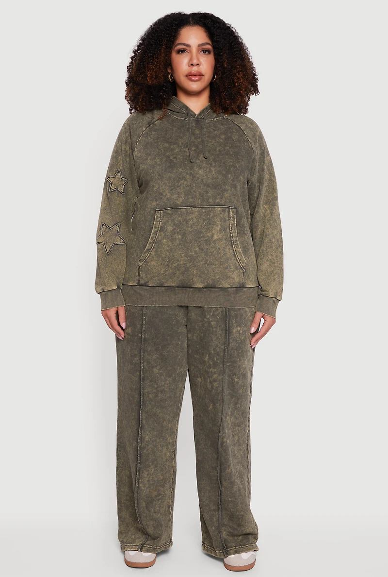 Plus Star Patch Graphic Acid Wash Hooded Sweatshirt