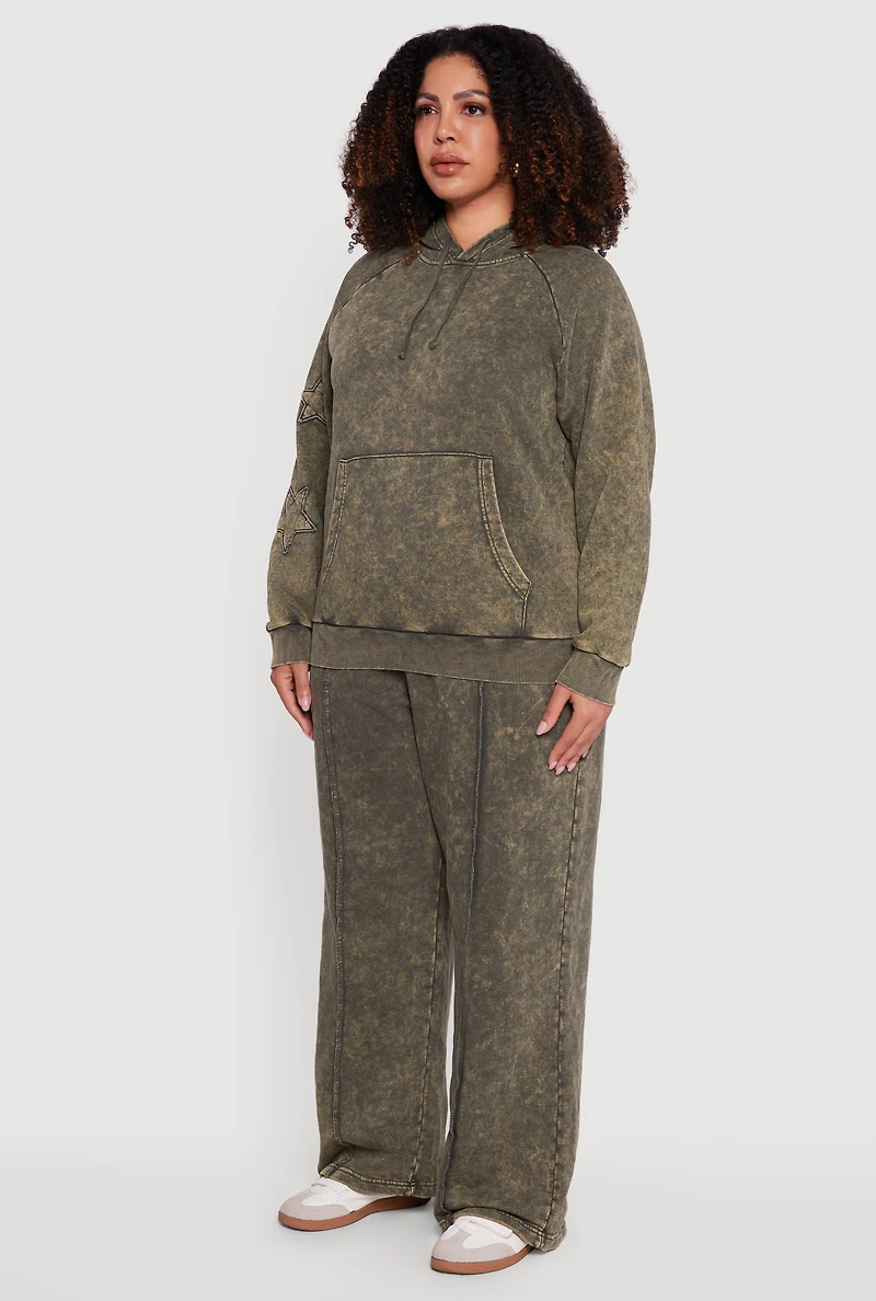 Plus Star Patch Graphic Acid Wash Hooded Sweatshirt