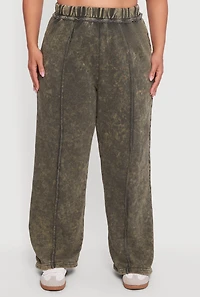 Womens Plus Size Acid Wash High Waisted Wide Leg Sweatpants, Green, Size 1X