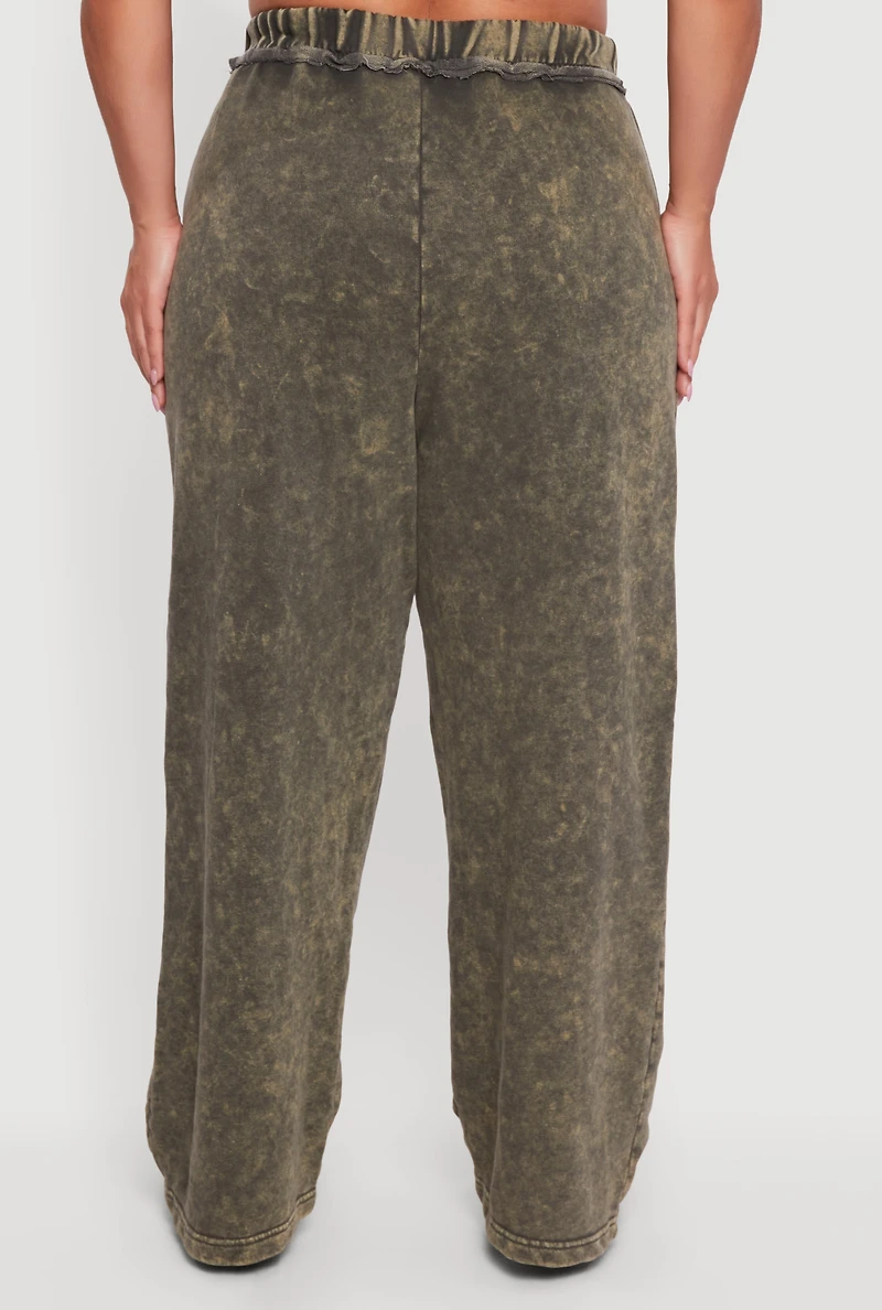 Womens Plus Size Acid Wash High Waisted Wide Leg Sweatpants, Green, Size 1X