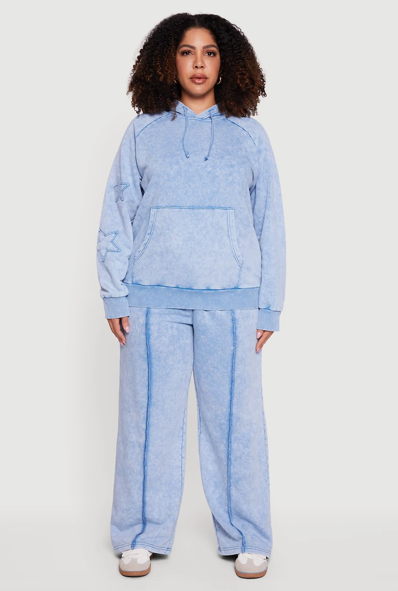 Womens Plus Size Acid Wash High Waisted Wide Leg Sweatpants, Blue, Size 3X