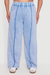 Womens Plus Size Acid Wash High Waisted Wide Leg Sweatpants, Blue, Size 3X