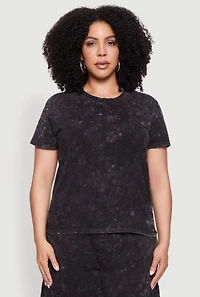 Womens Plus Size Acid Wash Crew Neck Short Sleeve T-Shirt, Black, Size 1X