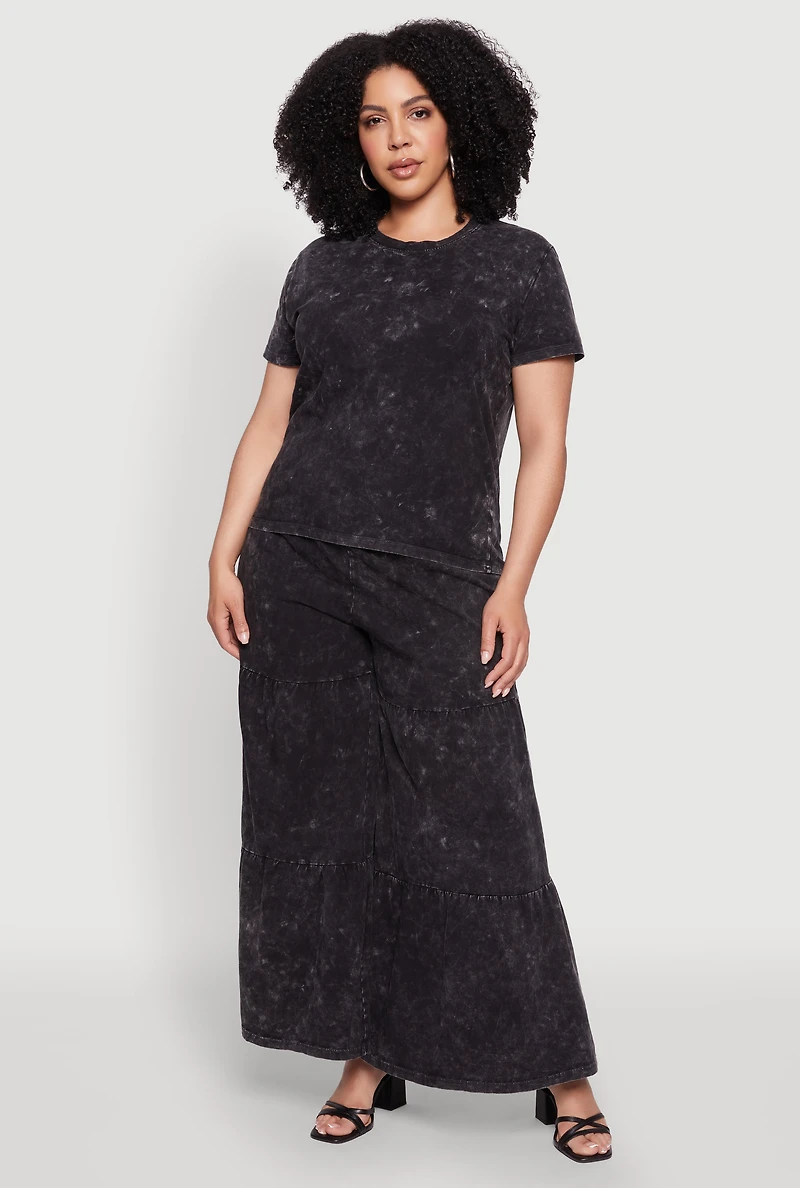 Womens Plus Size Acid Wash Crew Neck Short Sleeve T-Shirt, Black, Size 1X