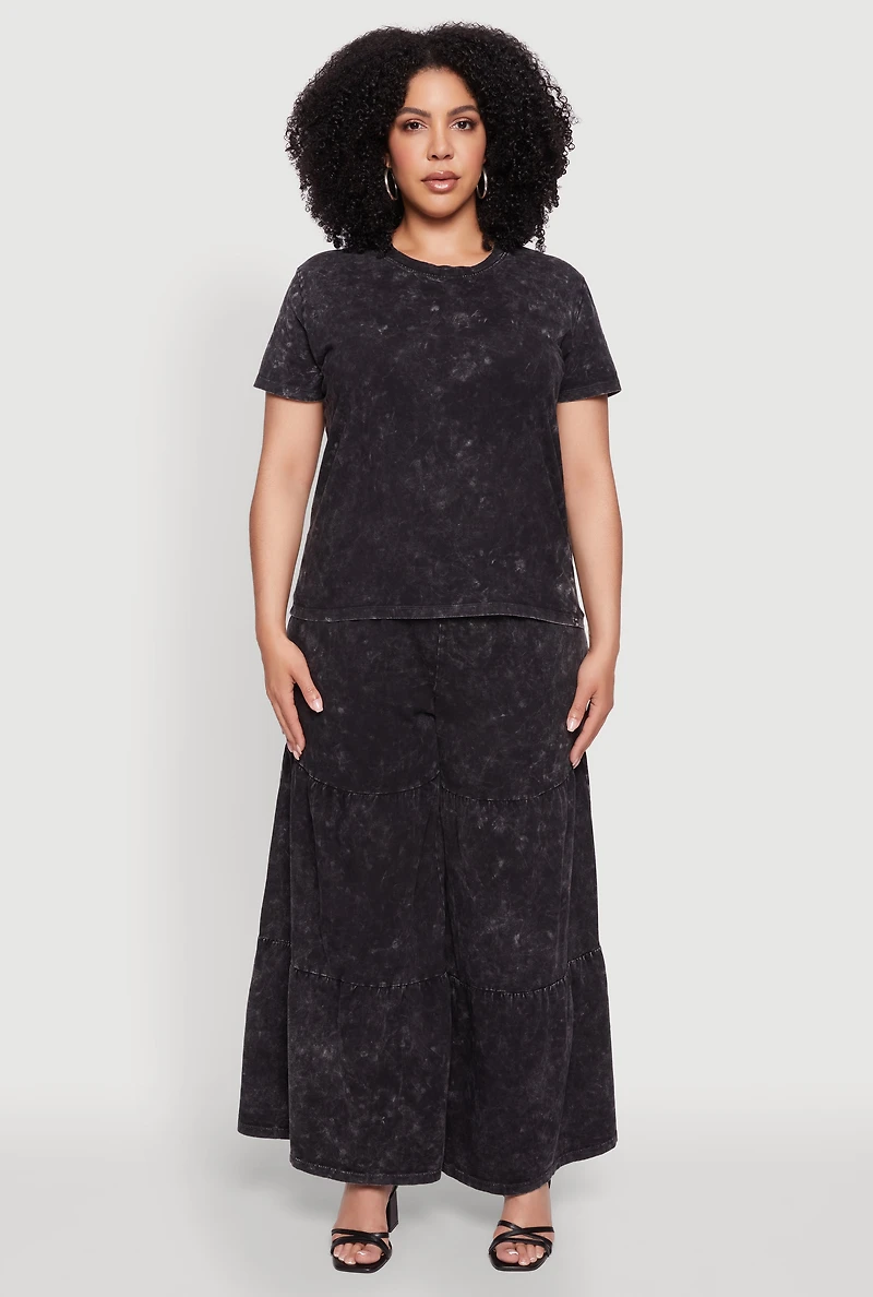 Womens Plus Size Acid Wash Crew Neck Short Sleeve T-Shirt, Black, Size 1X