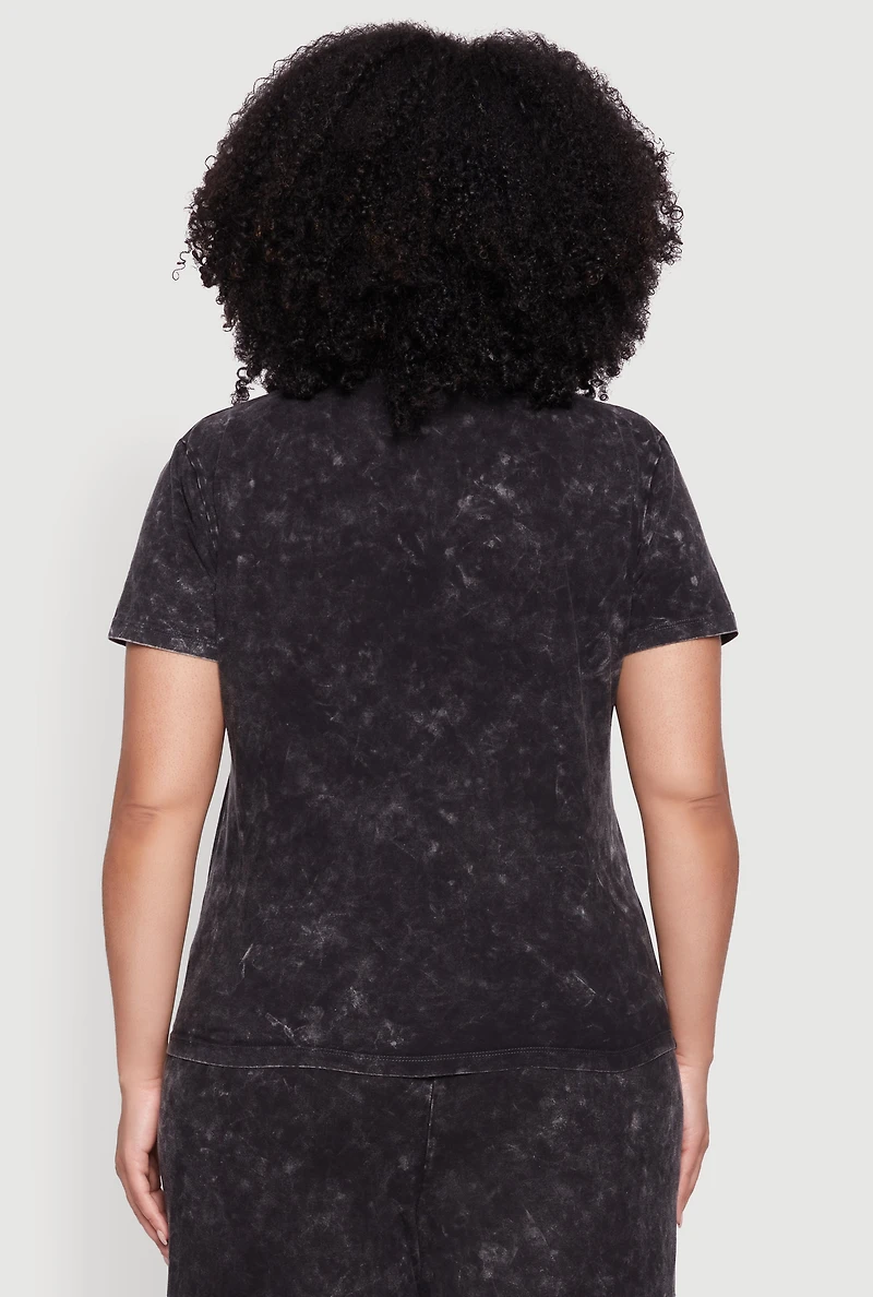 Womens Plus Size Acid Wash Crew Neck Short Sleeve T-Shirt, Black, Size 2X