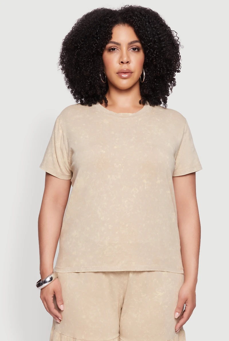 Womens Plus Size Acid Wash Crew Neck Short Sleeve T-Shirt, Beige, Size 3X