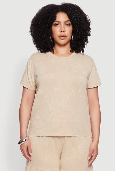 Womens Plus Size Acid Wash Crew Neck Short Sleeve T-Shirt, Beige, Size 3X