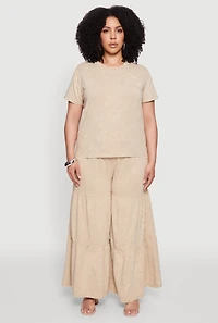 Womens Plus Size Acid Wash Crew Neck Short Sleeve T-Shirt, Beige, Size 3X