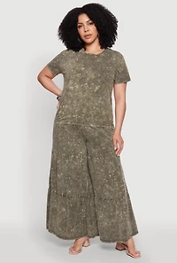 Womens Plus Size Acid Wash Crew Neck Short Sleeve T-Shirt, Green, Size 1X