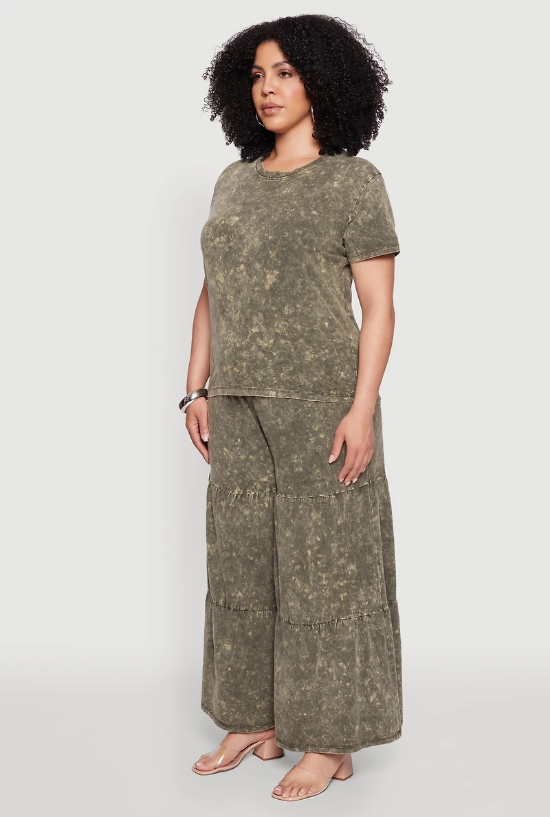 Womens Plus Size Acid Wash Crew Neck Short Sleeve T-Shirt, Green, Size 1X