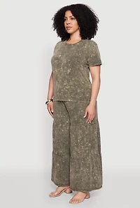 Womens Plus Size Acid Wash Crew Neck Short Sleeve T-Shirt, Green, Size 1X
