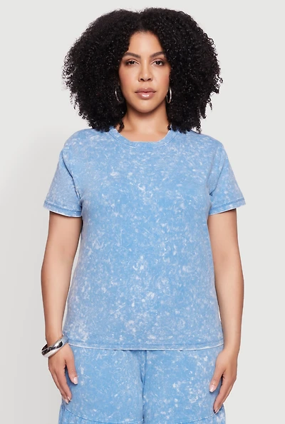 Womens Plus Size Acid Wash Crew Neck Short Sleeve T-Shirt, Blue, Size 3X