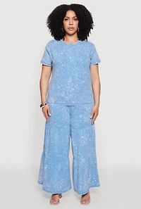 Womens Plus Size Acid Wash Crew Neck Short Sleeve T-Shirt, Blue, Size 3X
