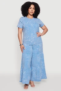 Womens Plus Size Acid Wash Crew Neck Short Sleeve T-Shirt, Blue, Size 3X