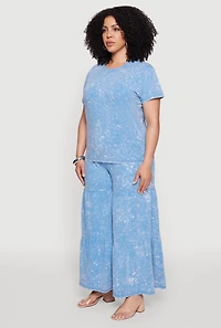 Womens Plus Size Acid Wash Crew Neck Short Sleeve T-Shirt, Blue, Size 3X