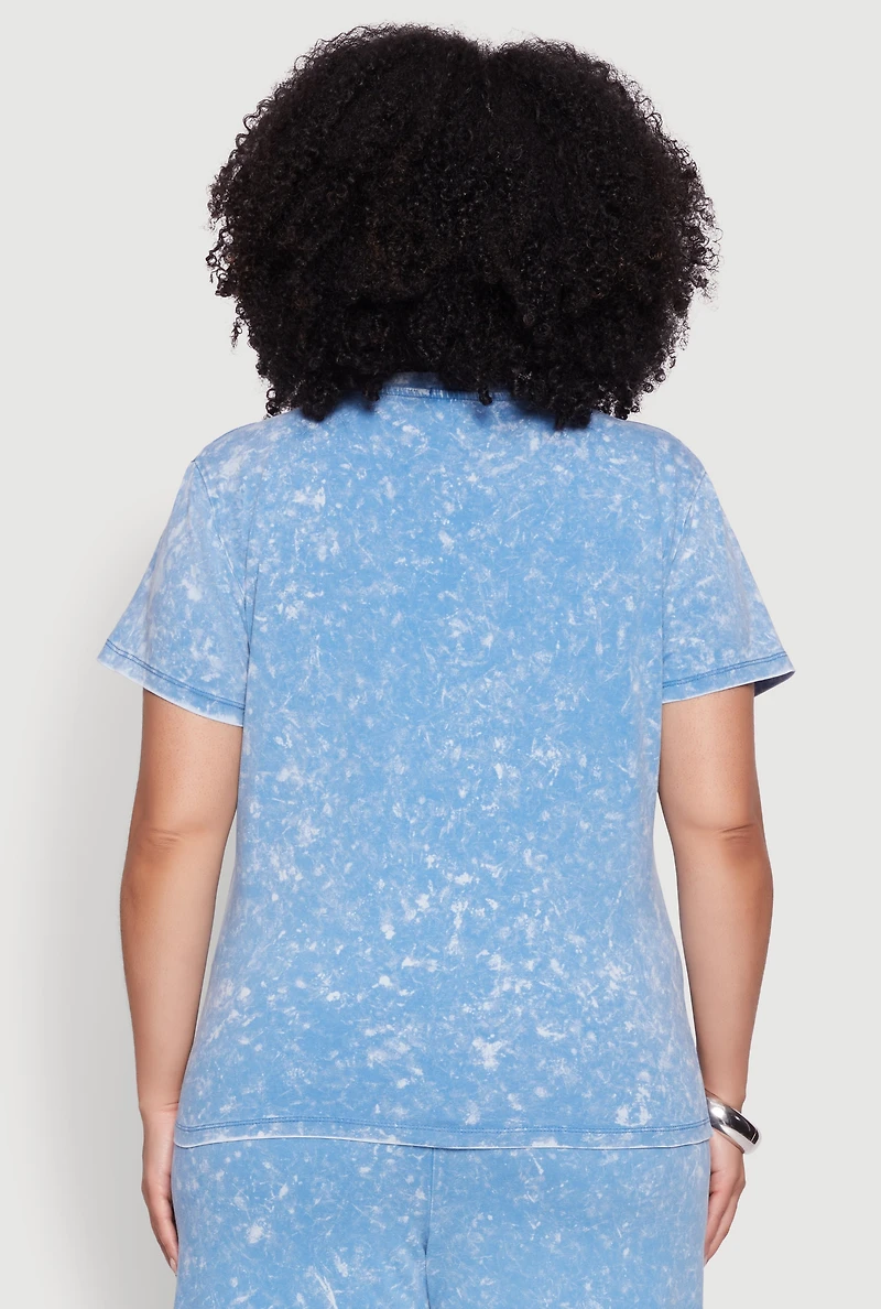 Womens Plus Size Acid Wash Crew Neck Short Sleeve T-Shirt, Blue, Size 2X