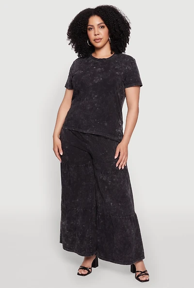 Womens Plus Acid Wash Tiered Palazzo Pants,