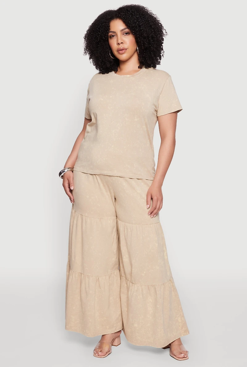 Plus Acid Wash Tiered Palazzo Pants