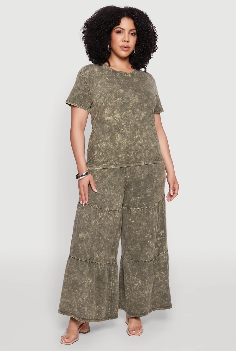 Plus Acid Wash Tiered Palazzo Pants