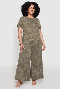 Plus Acid Wash Tiered Palazzo Pants