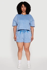 Womens Plus Size Acid Wash Short Sleeve Cropped Sweatshirt, Blue, Size 3X