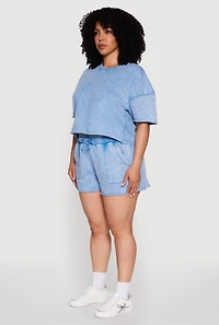 Womens Plus Size Acid Wash Short Sleeve Cropped Sweatshirt, Blue, Size 3X