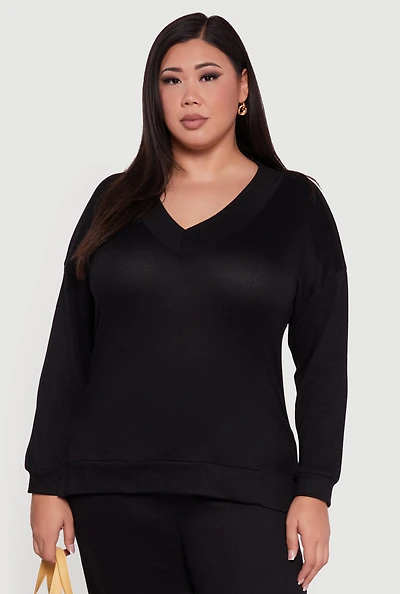 Womens Plus Size Relaxed Fit V-Neck Long Sleeve Pullover Top, Black, Size 2X