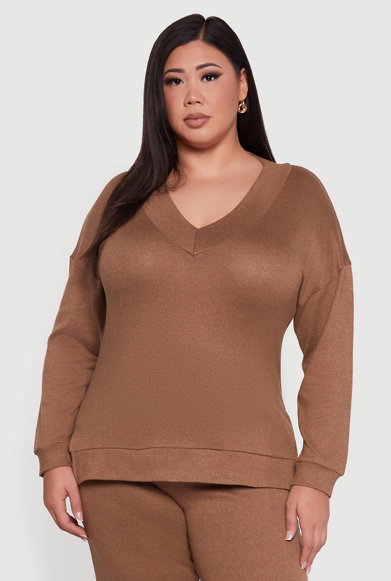 Womens Plus Size Relaxed Fit V-Neck Long Sleeve Pullover Top, Brown, Size 1X