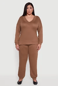Womens Plus Size Relaxed Fit V-Neck Long Sleeve Pullover Top, Brown, Size 1X