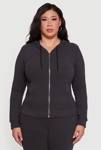 Womens Plus Soft Ribbed Knit Zip Front Hoodie,