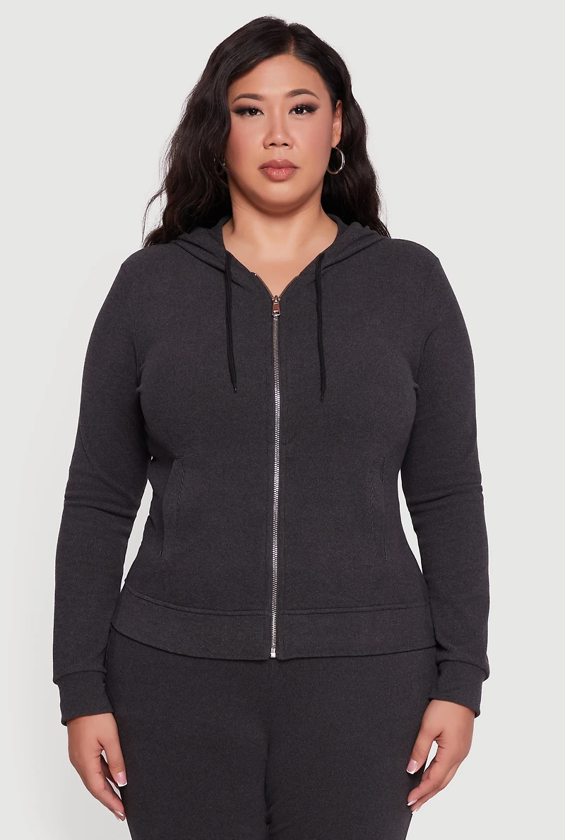 Womens Plus Size Soft Ribbed Knit Zip Front Hoodie, Black, Size 2X
