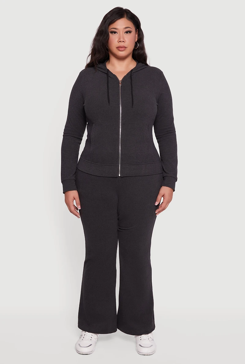 Womens Plus Soft Ribbed Knit Zip Front Hoodie,