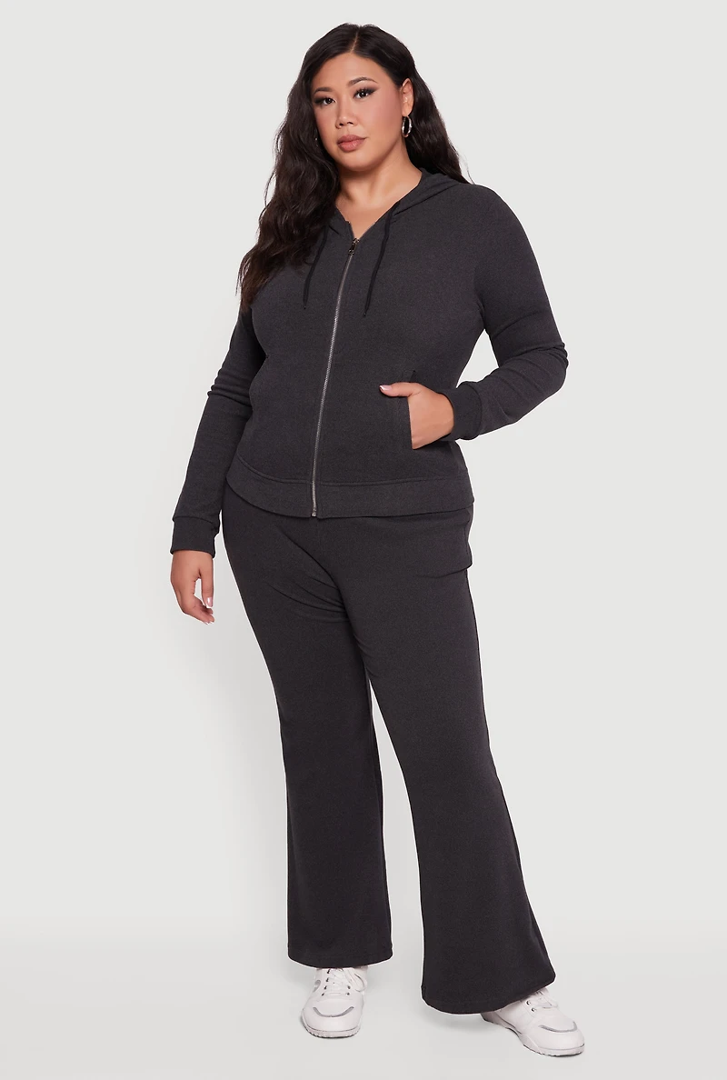 Womens Plus Soft Ribbed Knit Zip Front Hoodie,