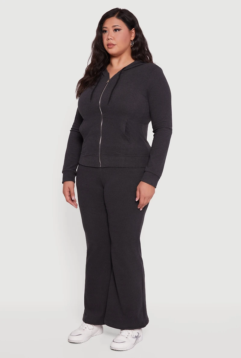 Womens Plus Soft Ribbed Knit Zip Front Hoodie,