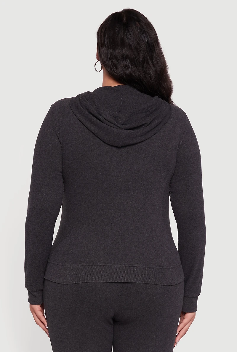 Womens Plus Soft Ribbed Knit Zip Front Hoodie,