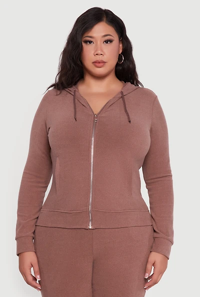 Womens Plus Size Soft Ribbed Knit Zip Front Hoodie, Brown, Size 2X