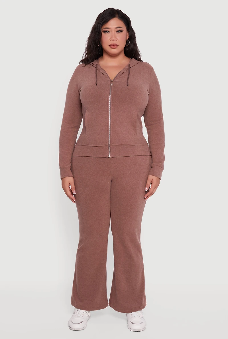 Womens Plus Size Soft Ribbed Knit Zip Front Hoodie, Brown, Size 3X
