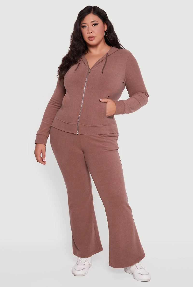 Womens Plus Size Soft Ribbed Knit Zip Front Hoodie, Brown, Size 2X