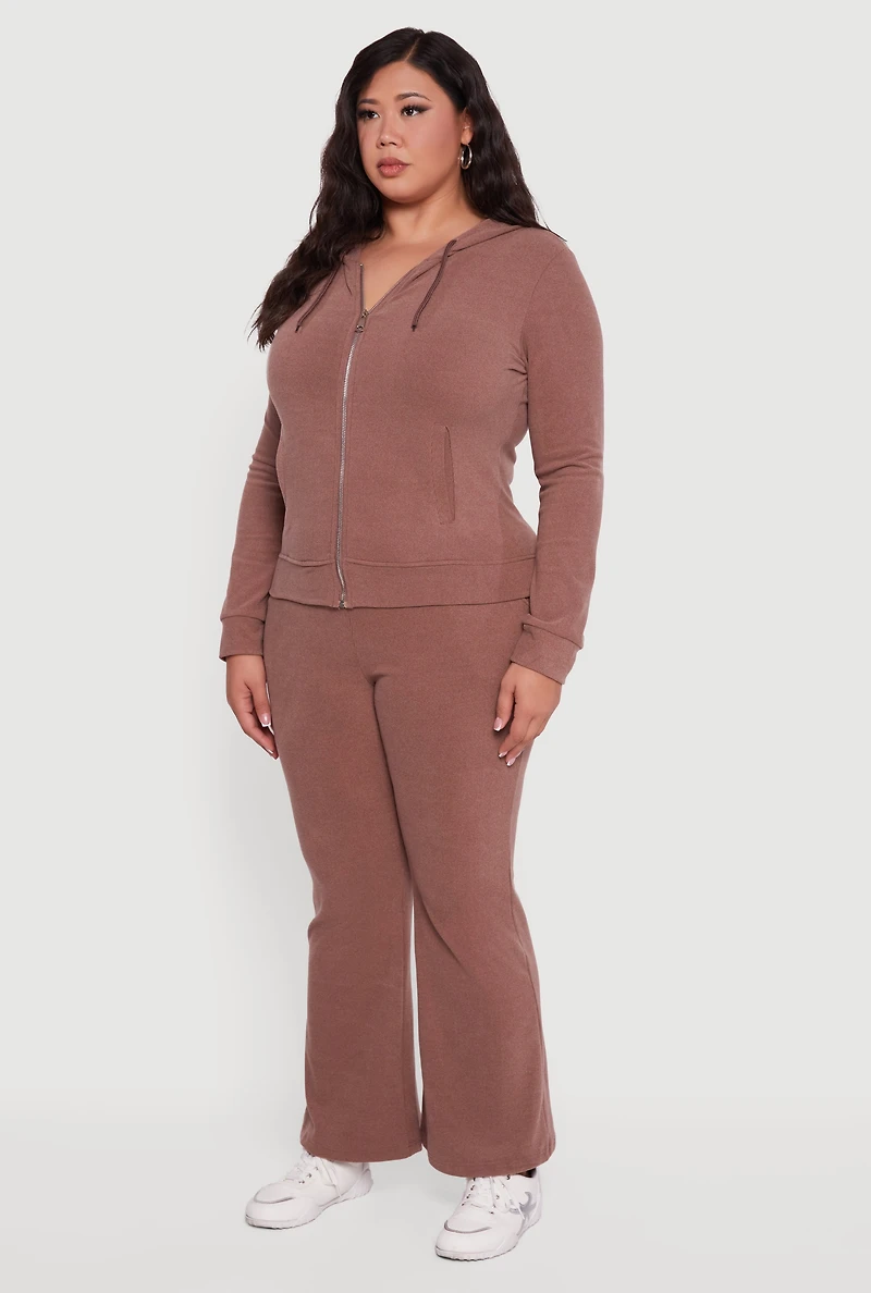 Womens Plus Size Soft Ribbed Knit Zip Front Hoodie, Brown, Size 2X