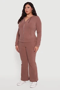 Womens Plus Size Soft Ribbed Knit Zip Front Hoodie, Brown, Size 2X