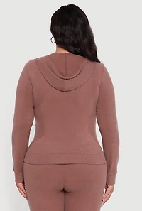 Womens Plus Size Soft Ribbed Knit Zip Front Hoodie, Brown, Size 2X