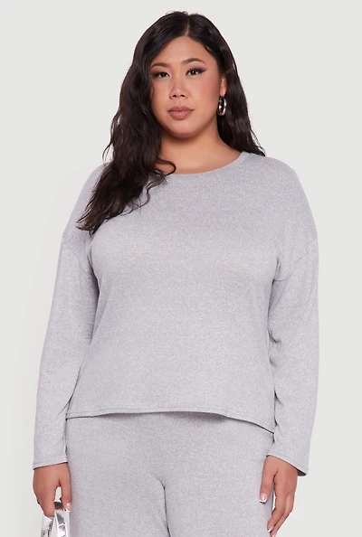 Plus Brushed Knit Pullover Long Sleeve Crew Neck Top