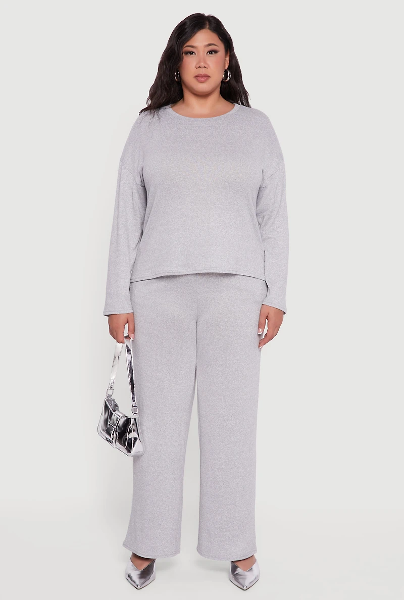 Plus Brushed Knit Pullover Long Sleeve Crew Neck Top