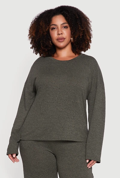 Womens Plus Brushed Knit Pullover Long Sleeve Crew Neck Top,