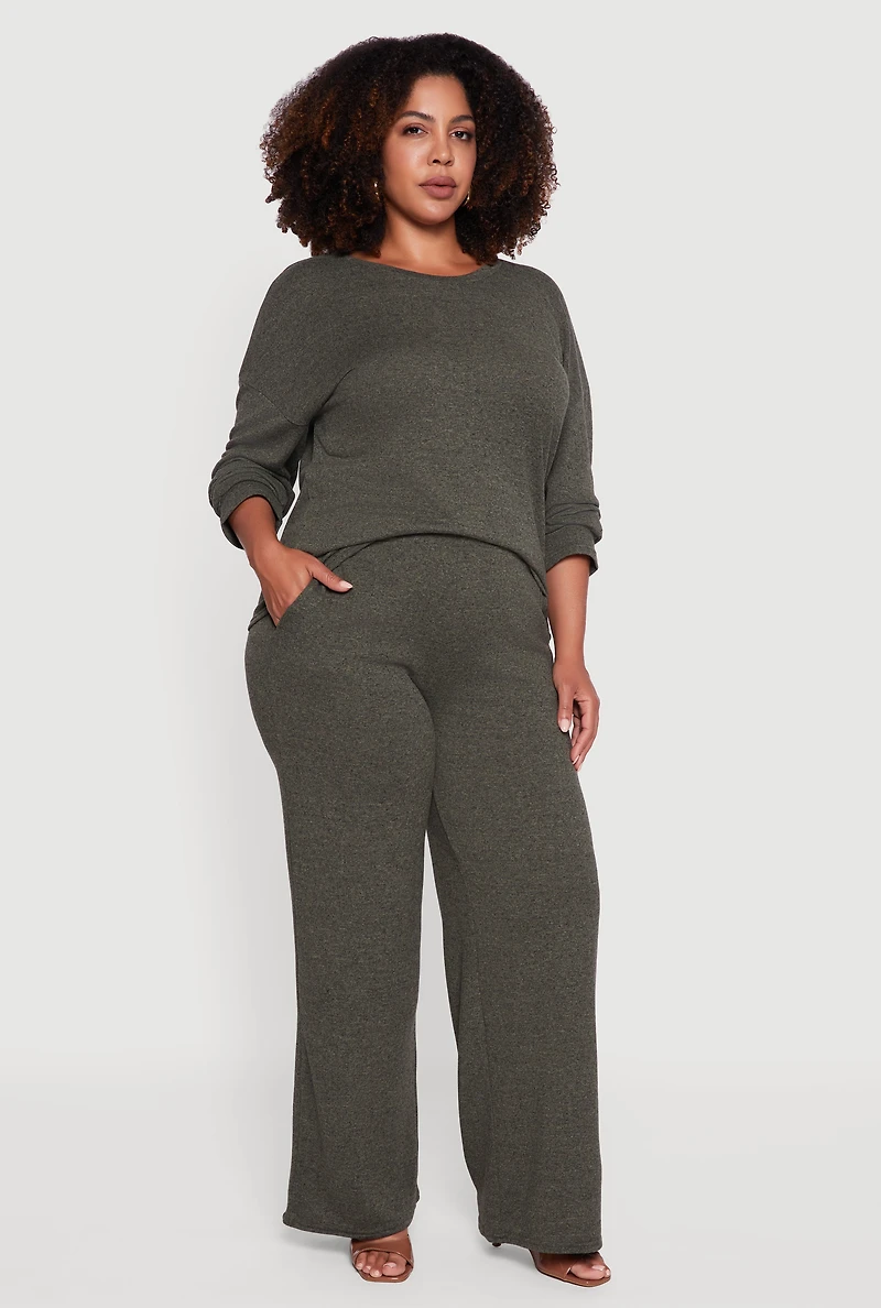 Womens Plus Size Brushed Knit Pullover Long Sleeve Crew Neck Top, Green, Size 2X