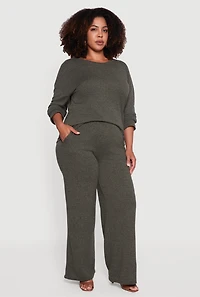 Womens Plus Size Brushed Knit Pullover Long Sleeve Crew Neck Top, Green, Size 2X