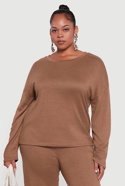 Womens Plus Brushed Knit Pullover Long Sleeve Crew Neck Top,